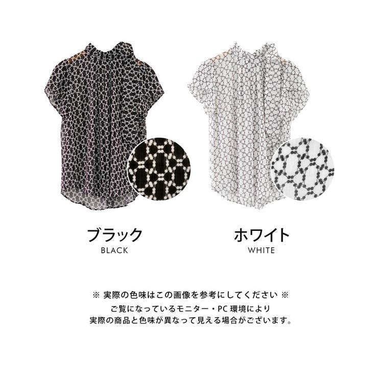 高級感ある総柄シアーネックリボンブラウス[品番：QU000007551