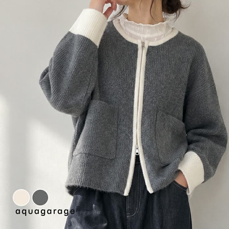 配色ダブルZIPのゆったりニットカーディガン | aquagarage | 詳細画像1 