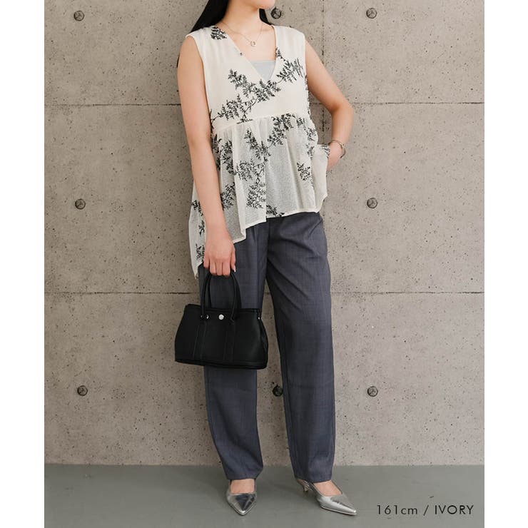 花柄刺繍メッシュノースリーブトップス 春 夏 秋 M[品番