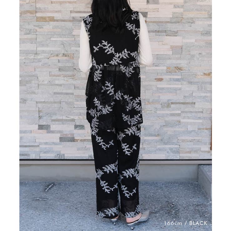 花柄刺繍メッシュノースリーブトップス 春 夏 秋 M[品番
