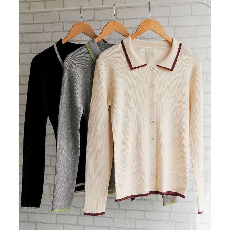 襟付きリブニットバイカラーカーディガン 春  秋 冬 M レディース | aquagarage | 詳細画像2 