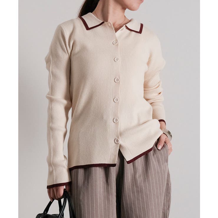 襟付きリブニットバイカラーカーディガン 春  秋 冬 M レディース | aquagarage | 詳細画像4 