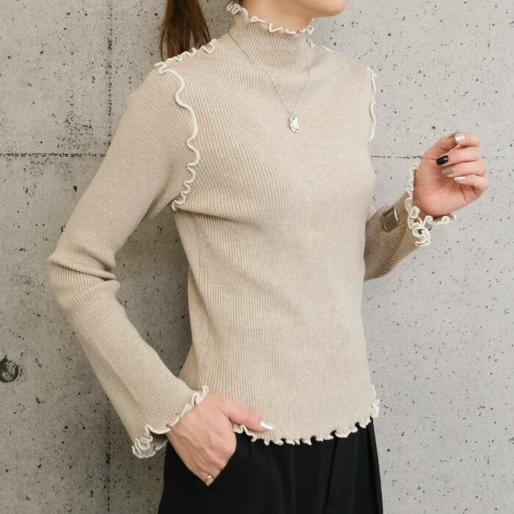 配色のフリルメローデザインが可愛い！ハイネックメローリブニット | aquagarage | 詳細画像2 