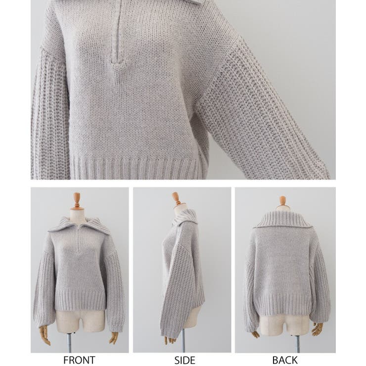 大きめの襟元で小顔効果も抜群♪天竺畦編みハーフジップニット | aquagarage | 詳細画像9 