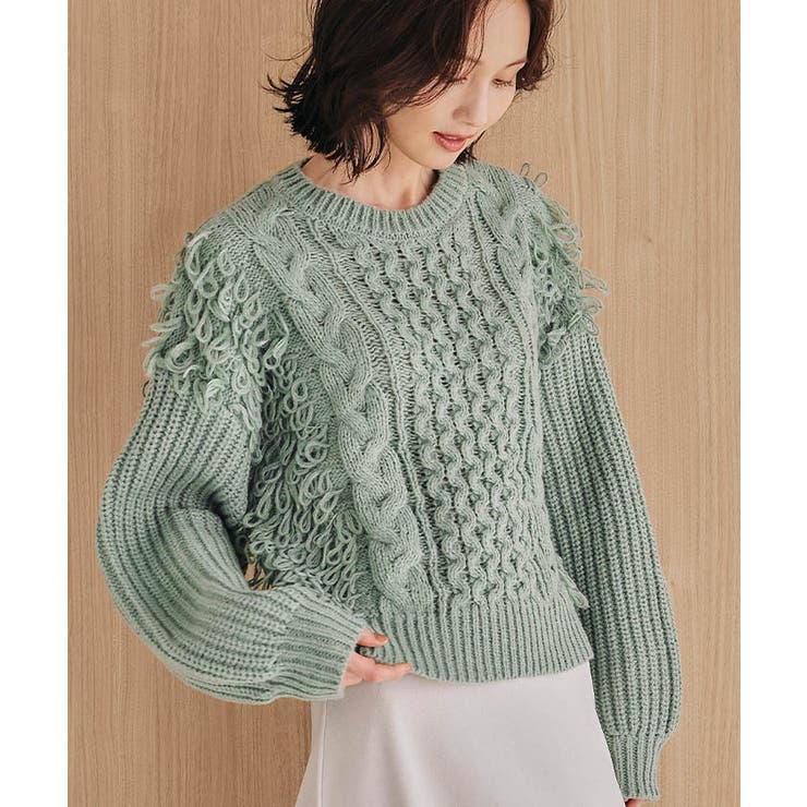 ループフリンジケーブル編みニットトップス 秋 冬 M レディース[品番