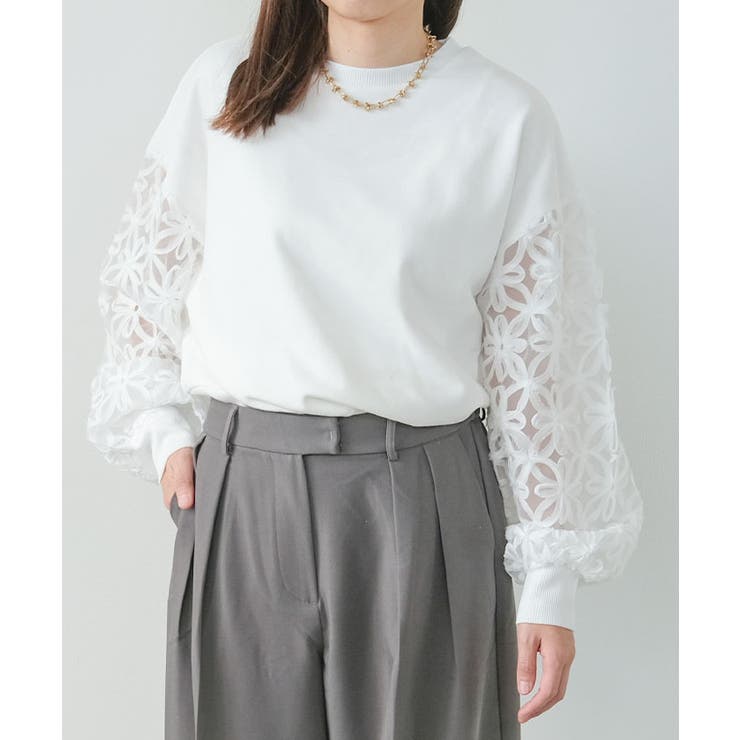 袖花柄シアー切替トップス 春  秋 冬 レディース | aquagarage | 詳細画像3 