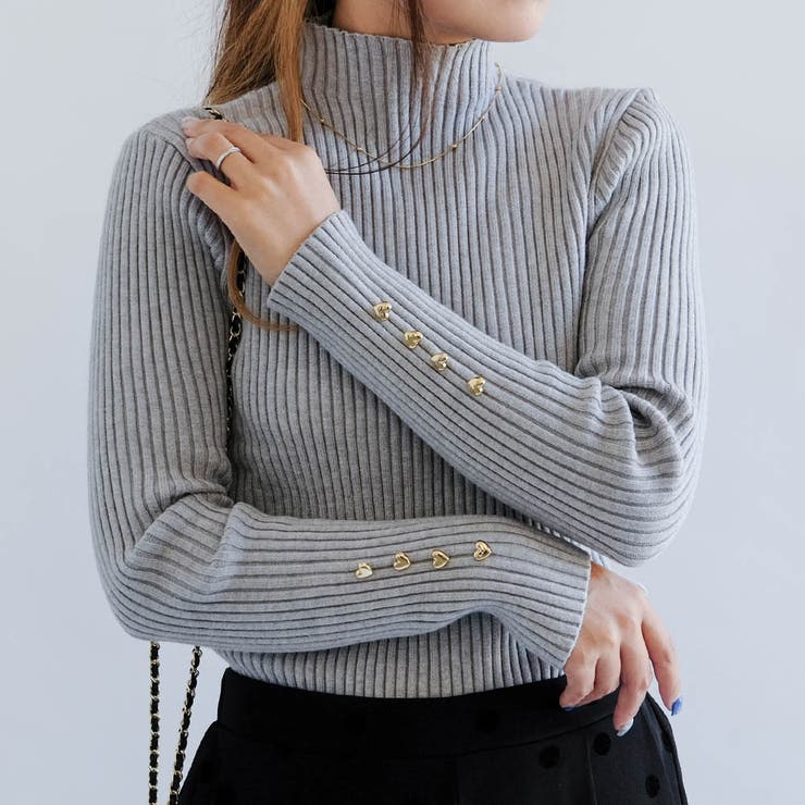 トップス mistuki ハイネック袖ハートボタンリブニットトップス 春 秋 冬 M レディース