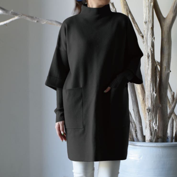 ブラック | 美シルエットで体型カバー！レイヤード風ニットチュニック | aquagarage