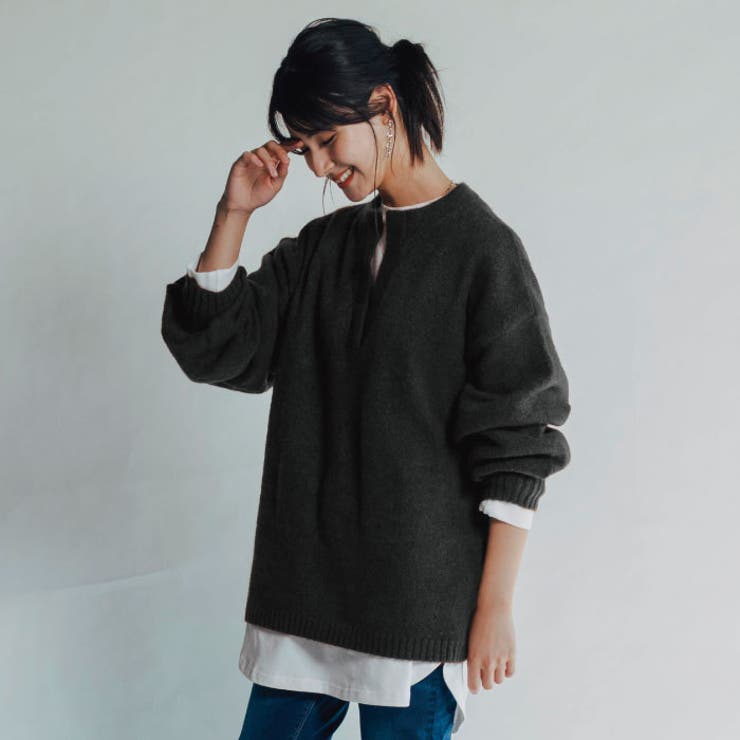 チャコール | ゆるシルエットキーネックニット | aquagarage
