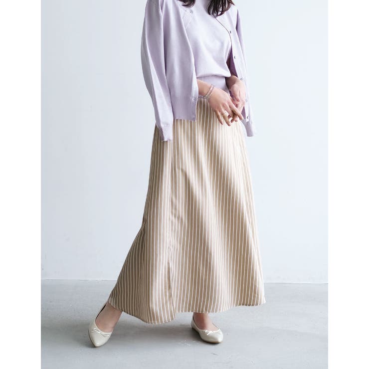 ストライプ：ベージュ | 大人美シルエットに仕上がる♪無地orストライプから選べるサマーフレアスカート | aquagarage