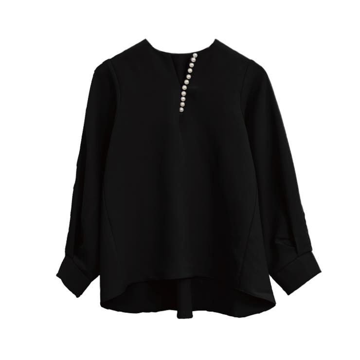ブラック | ネックレスいらずの華やかなデザイン♪パール付きキーネックブラウス オフィスカジュ… | aquagarage
