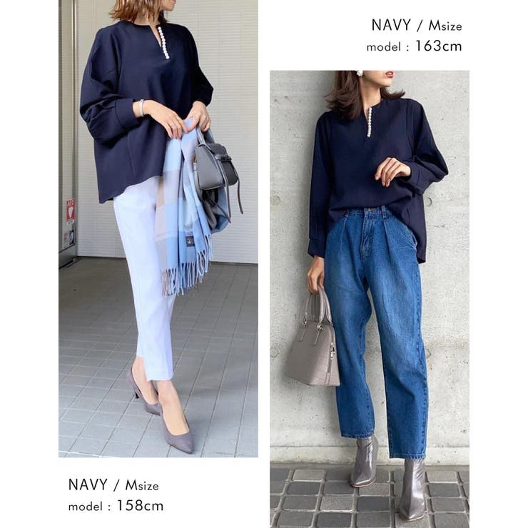 ネックレスいらずの華やかなデザイン♪パール付きキーネックブラウス オフィスカジュ… | aquagarage | 詳細画像13 