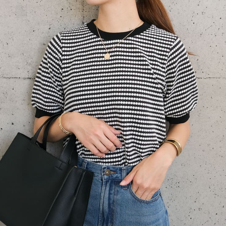ブラック | いつもコーデに変化をつけるならパフスリーブジャガード柄ニットトップス | aquagarage