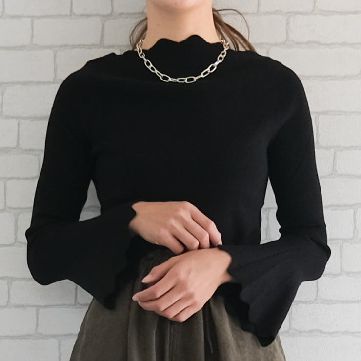 ブラック | 首元と袖口のウェーブデザインがポイント！ネック袖口ウェーブニットトップス | aquagarage