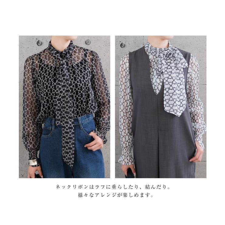 高級感ある総柄長袖ボウタイブラウス | aquagarage | 詳細画像6 