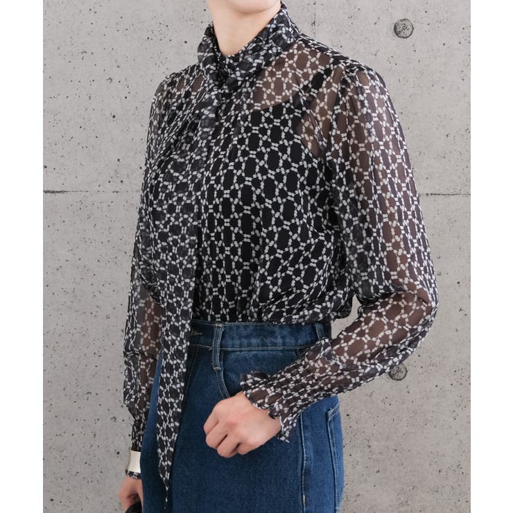 高級感ある総柄長袖ボウタイブラウス | aquagarage | 詳細画像9 