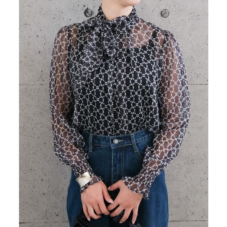 高級感ある総柄長袖ボウタイブラウス | aquagarage | 詳細画像10 