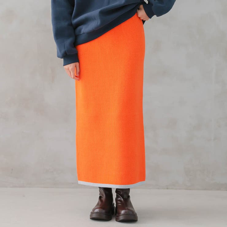 オレンジ | 裾バイカラーリブニット裏起毛ナロースカート レディース 秋 冬 | aquagarage