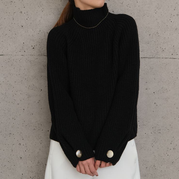 ブラック | 袖ボタンハイネックニットトップスト レディース  秋 冬 | aquagarage
