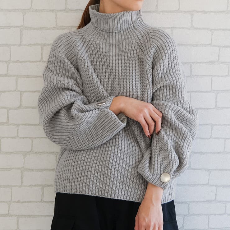 ライトグレー | 袖ボタンハイネックニットトップスト レディース  秋 冬 | aquagarage