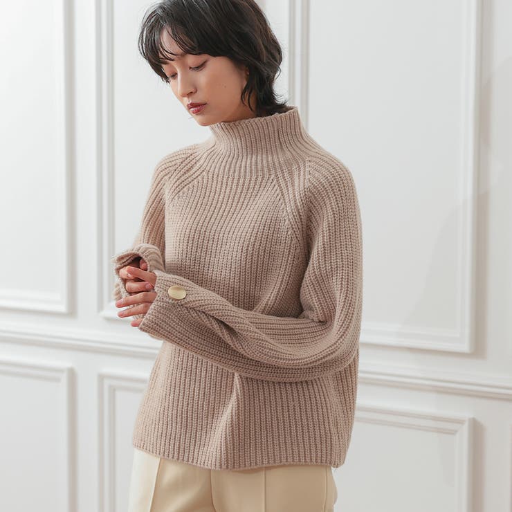 グレージュ | 袖ボタンハイネックニットトップスト レディース  秋 冬 | aquagarage