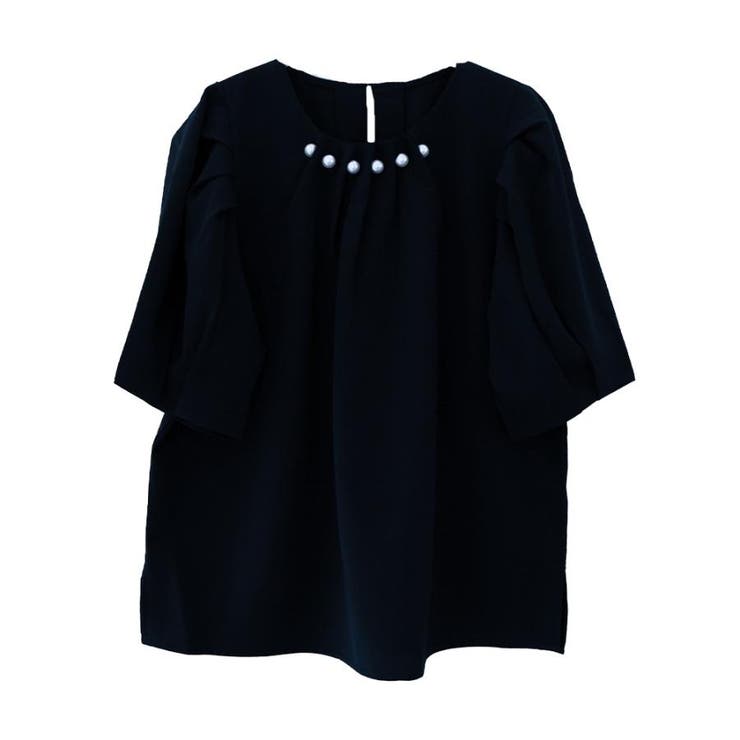 ネイビー | フロントネックタックパールブラウス  春 夏 秋 | aquagarage