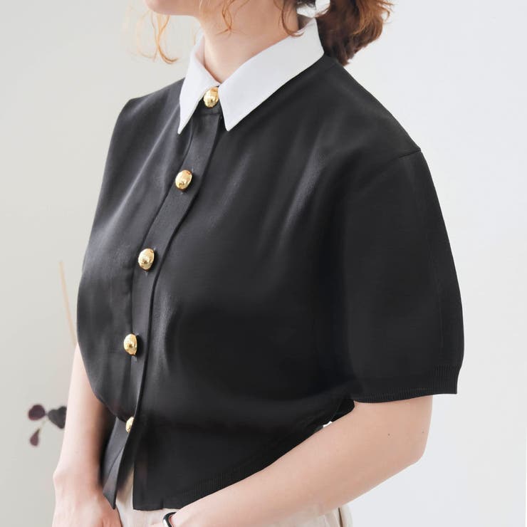 ブラック | 襟付き半袖カーディガン トップス春 夏 秋 M L | aquagarage