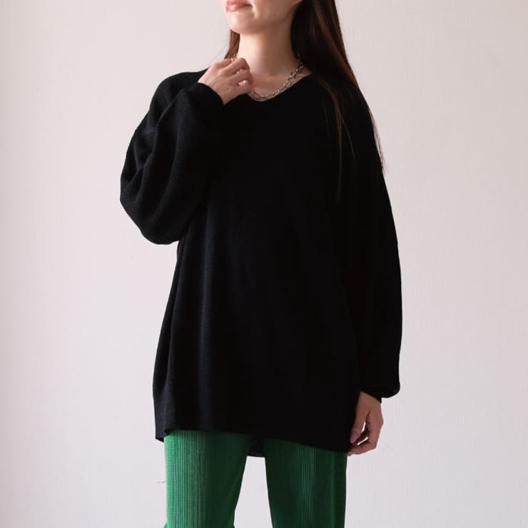 ブラック | すっきりVネックでデコルテ美人に！あぜ編みオーバーサイズニット | aquagarage