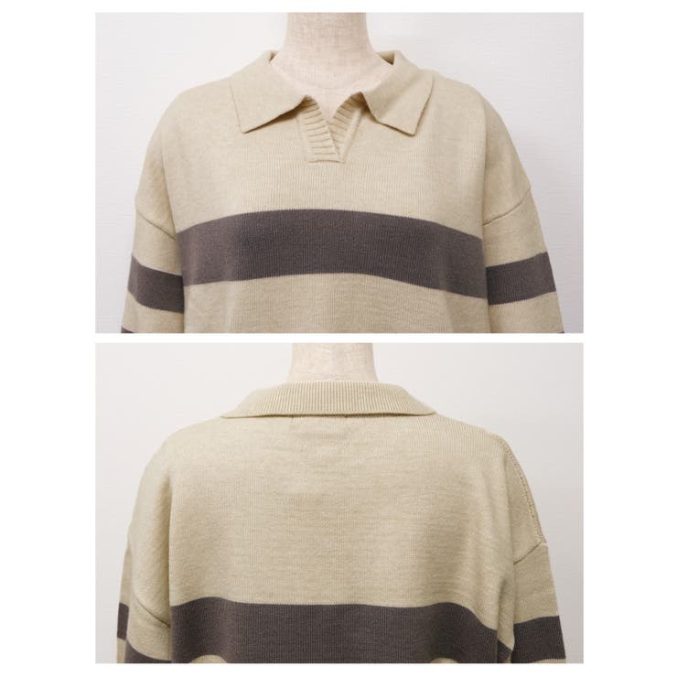 マニッシュなボーダー柄で印象的な着こなしに♪襟付きボーダーニットトップス | aquagarage | 詳細画像7 