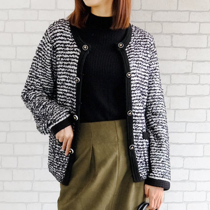 ブラック | ツイード風ジャケットが叶う華やかなニットジャケット | aquagarage