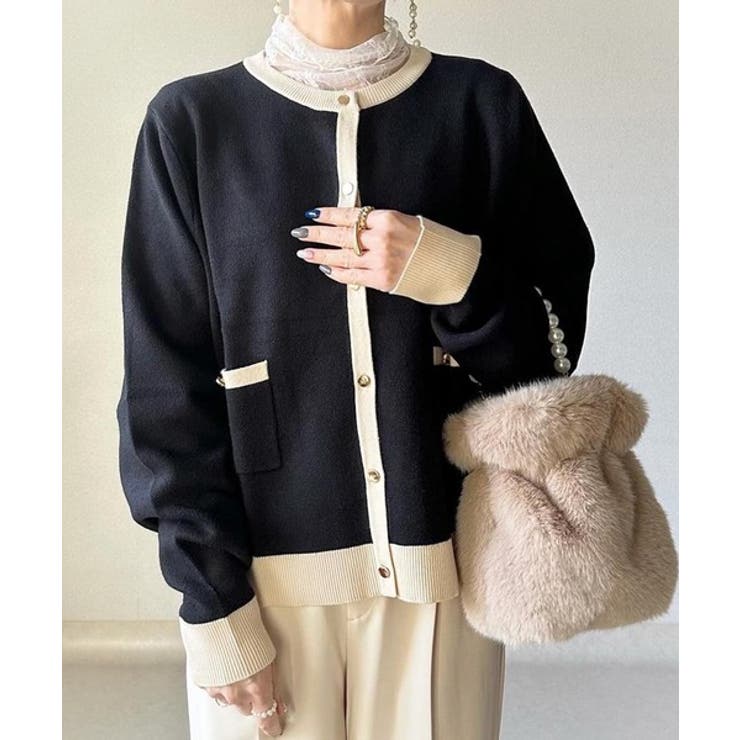 4608【美品】クルニ　レイヤードカーディガン 金ボタン　バイカラー　S 黒　白 4608【美品】クルニ レイヤードカーディガン 金ボタン バイカラー S 黒