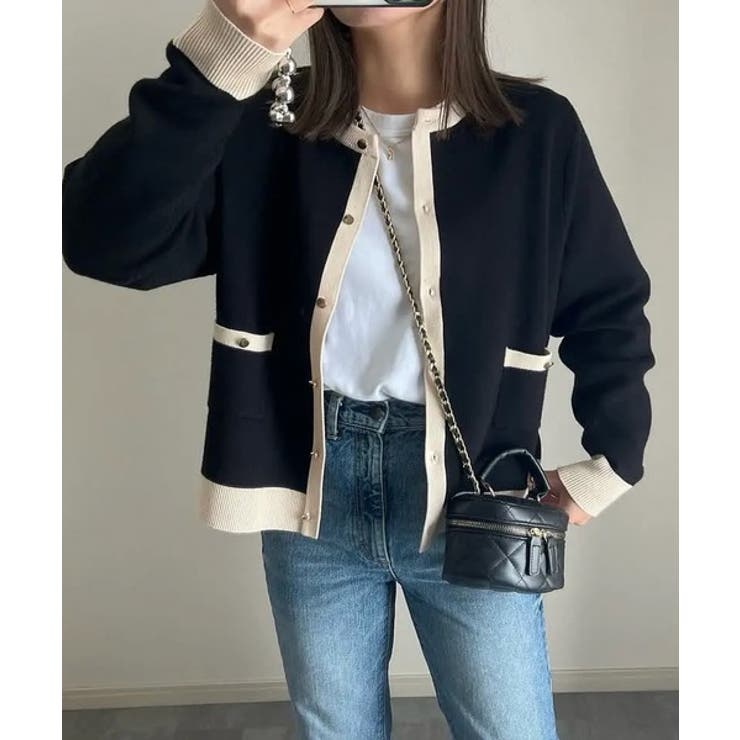 上品な配色デザインと艶のあるゴールドボタンが大人可愛いバイカラーカーディガン | aquagarage | 詳細画像7 