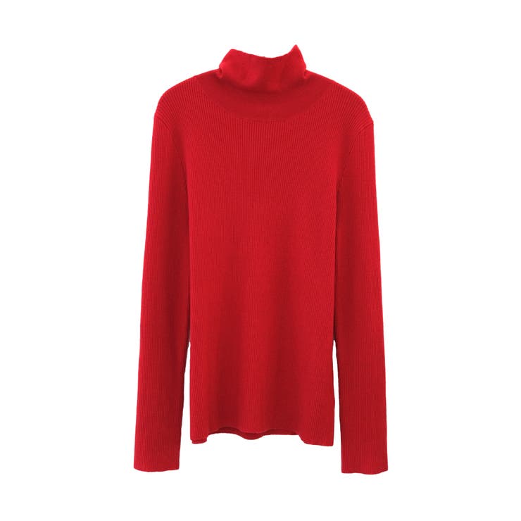 レッド | 袖口ボタンタートルネックリブニットトップス レディース ハイネック | aquagarage