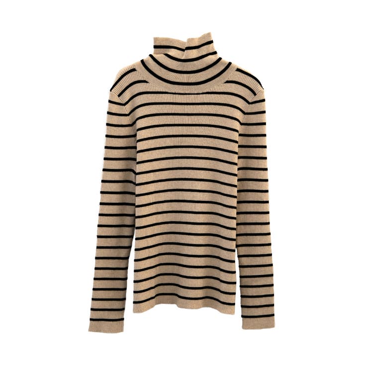 ベージュ×ブラック | 袖口ボタンタートルネックリブニットトップス レディース ハイネック | aquagarage