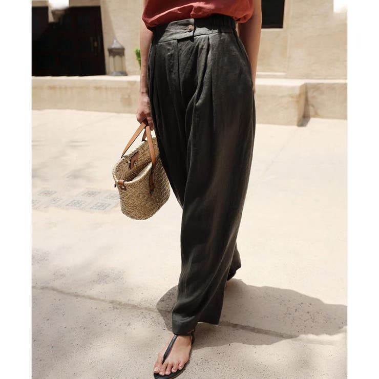 ブラック | ボックスタックリネンパンツ レディース M L | aquagarage