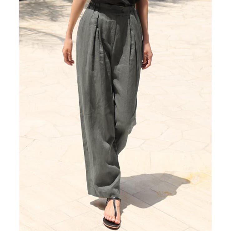 オリーブ | ボックスタックリネンパンツ レディース M L | aquagarage