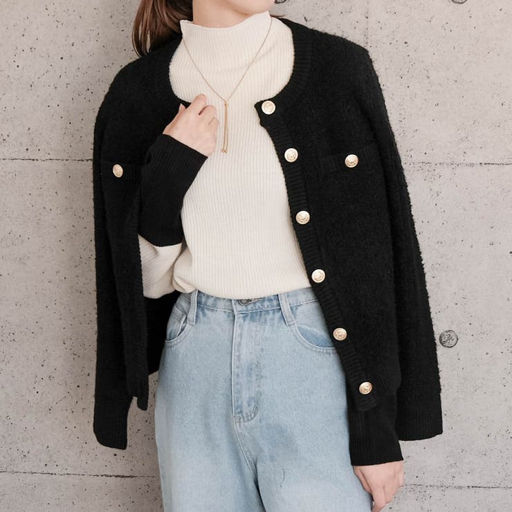 ブラック | ループ編み金ボタンニットジャケット 秋 冬 M  レディース | aquagarage