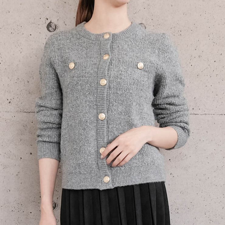 グレー | ループ編み金ボタンニットジャケット 秋 冬 M  レディース | aquagarage
