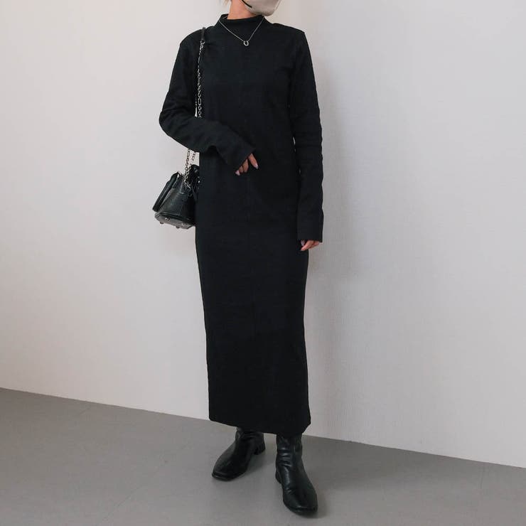 ブラック | フィンガースリーブプチハイリブワンピース 春  秋 冬 | aquagarage