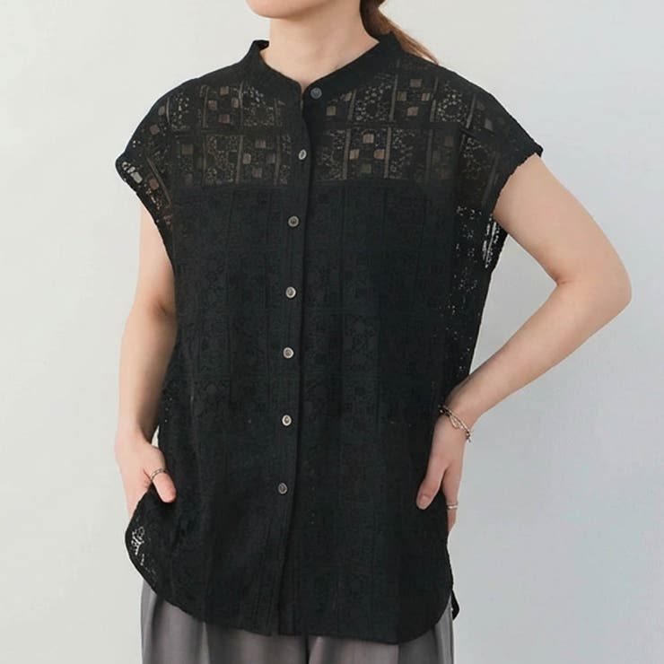 ブラック | レースフレンチスリーブシャツ レディース 春 夏 | aquagarage