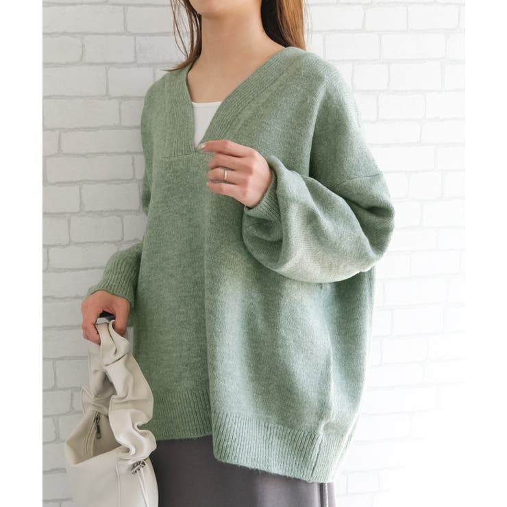 無地：ミント | ゆるっとシルエットでこなれた印象の深Vネックニットトップス | aquagarage