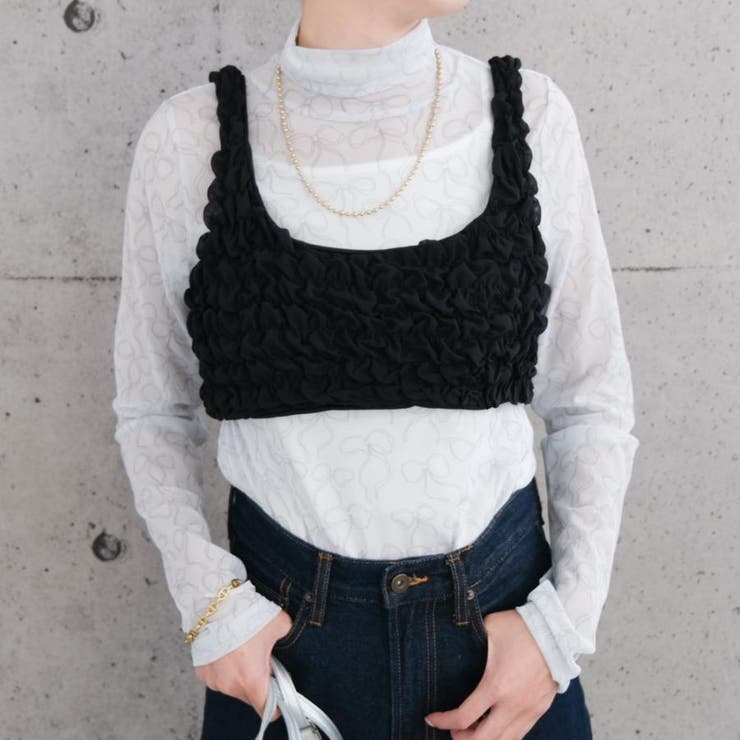 グレー | リボン柄プリントの総柄が目を惹く、シアートップス | aquagarage