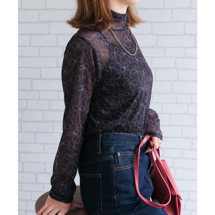 リボン柄プリントの総柄が目を惹く、シアートップス | aquagarage | 詳細画像9 