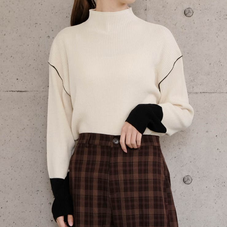 エクリュ×ブラック | ボトルネック配色リブニットトップス  春 秋  冬 M レディース | aquagarage