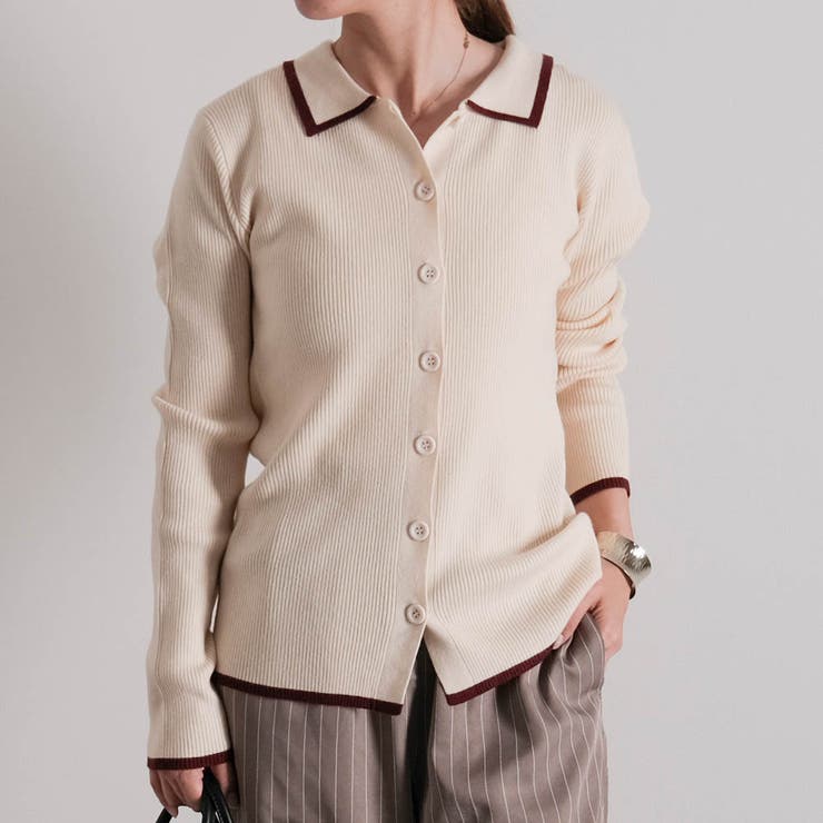 アイボリー×ワインレッド | 襟付きリブニットバイカラーカーディガン 春  秋 冬 M レディース | aquagarage