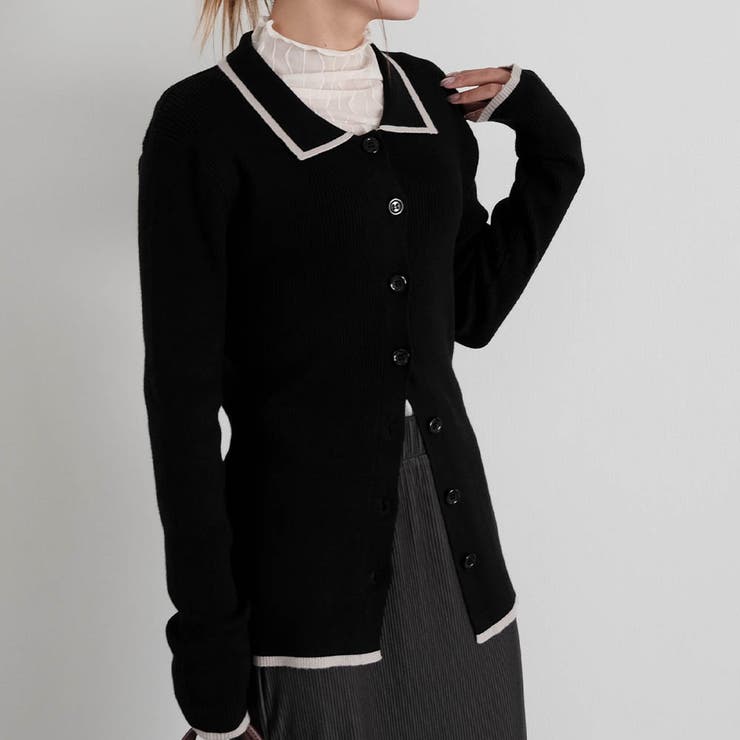 ブラック×グレー | 襟付きリブニットバイカラーカーディガン 春  秋 冬 M レディース | aquagarage