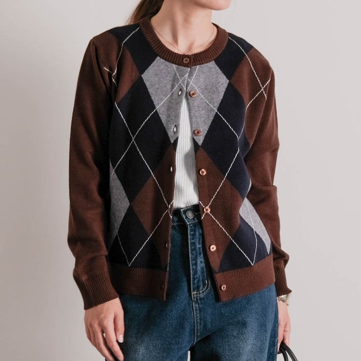 ブラウン | アーガイル柄カーディガン 春  秋 冬 M レディース | aquagarage