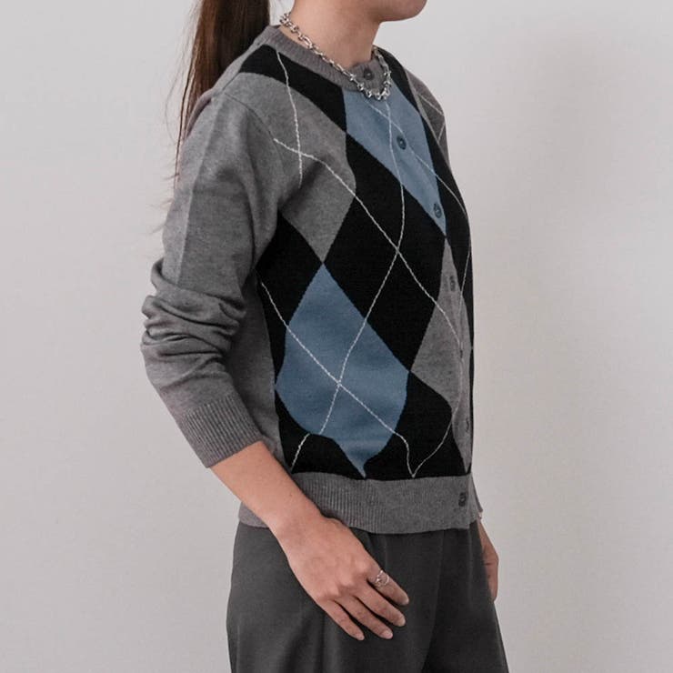 チャコール | アーガイル柄カーディガン 春  秋 冬 M レディース | aquagarage