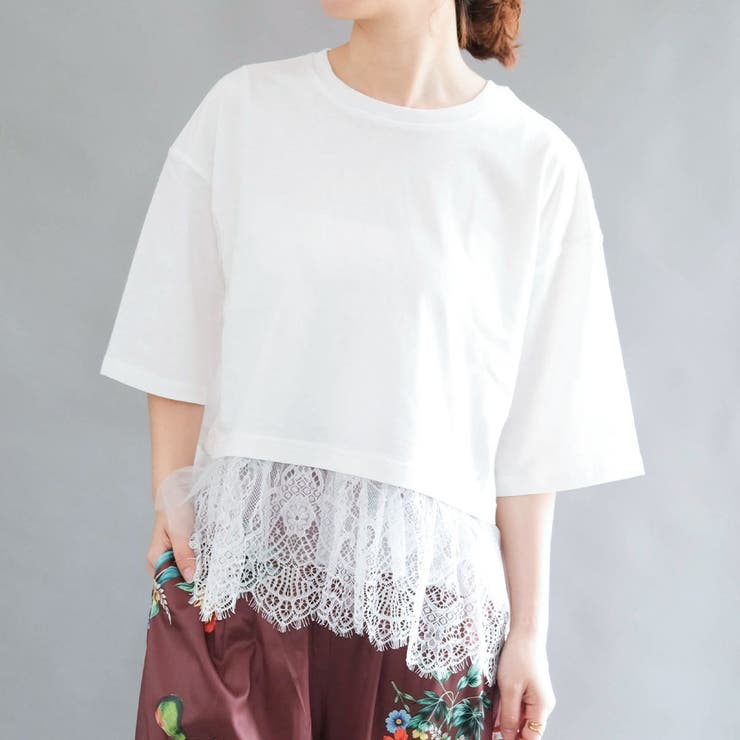 オフホワイト | 裾レースドッキングTシャツ  夏  M | aquagarage