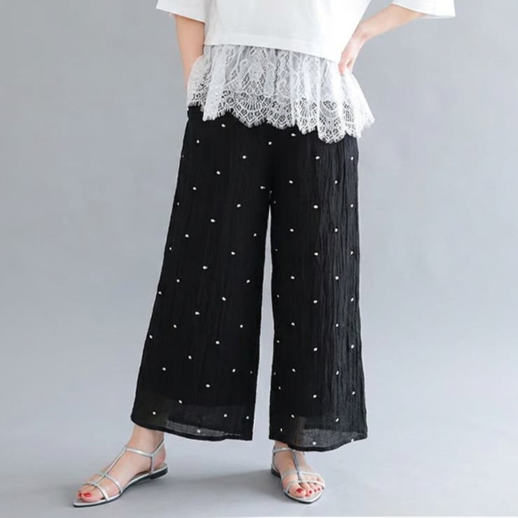 ドット_ブラック | フラワー柄orドット柄から選べる刺繍ワイドパンツ 春 夏  M | aquagarage